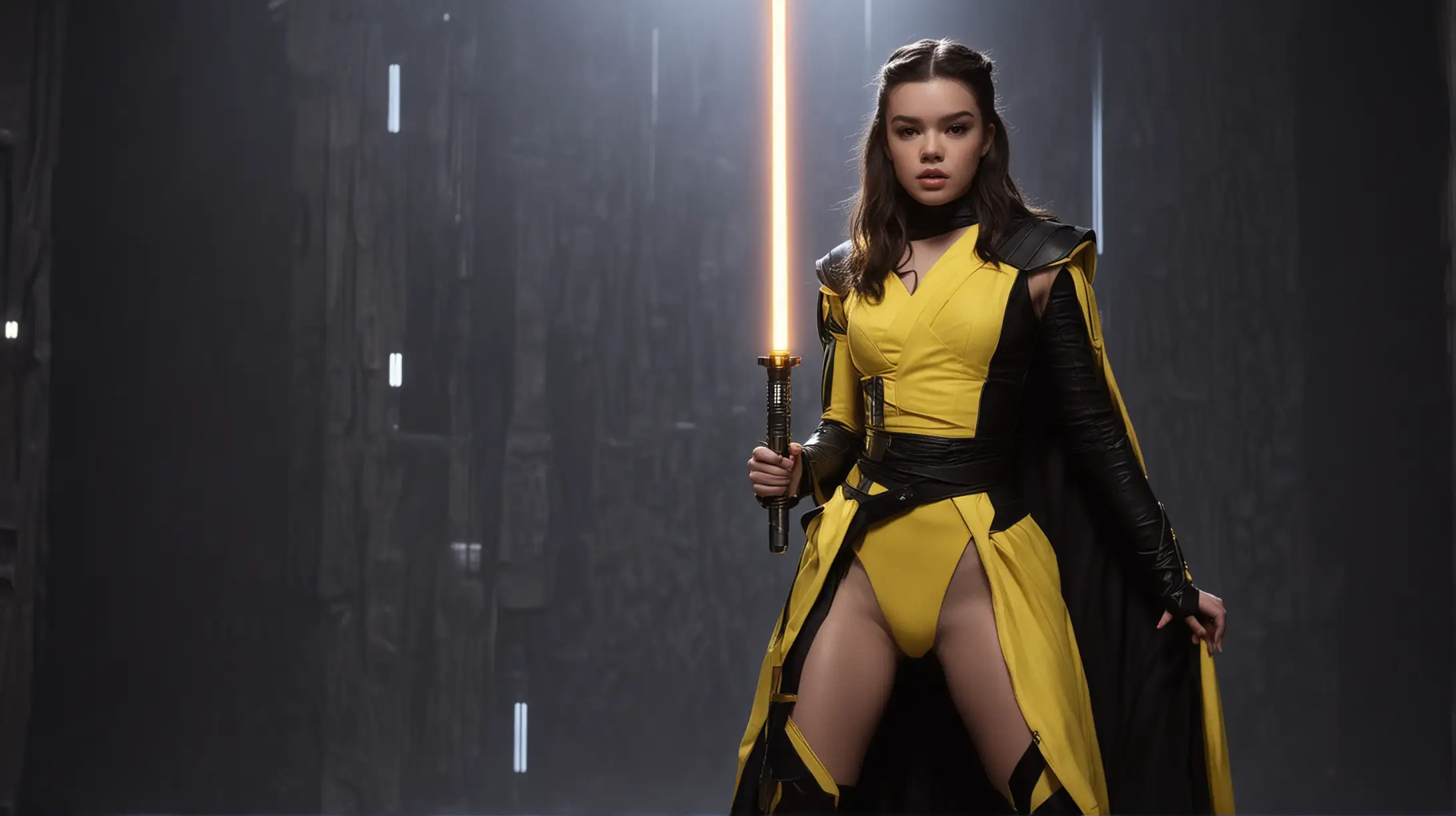 Hailee Steinfeld as Sith Queen, sexy black and yellow clothers, alone, lightsaber