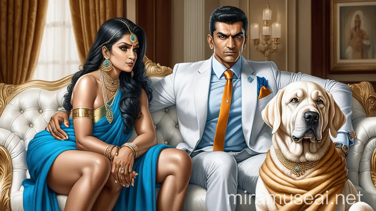 
a indian healthy muscular     man wearing only a blue tie aged 23 sitting on a  luxurious sofa with a 56 years old indian woman with full make up and alot of gold jewallary  ,  both are wearing white bath towel ,a big white dog is also seating beside them.
show the pic from behind.