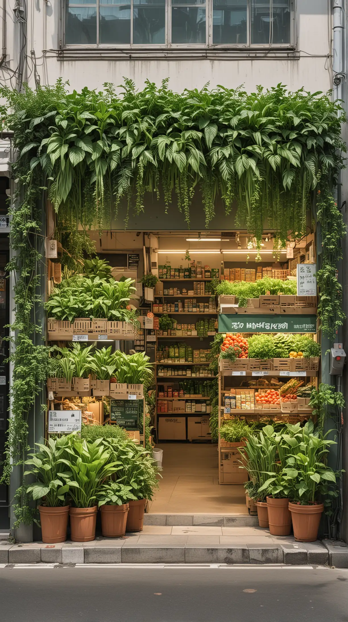 Urban Anime Scene Vibrant Grocery Store with Greenery and Street Gang in Seoul