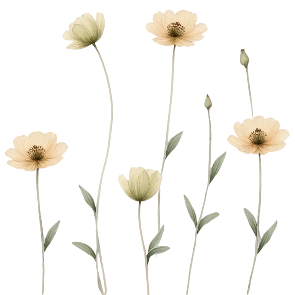 illustration drawing, minimalist, small sage-green and muted brown poppy flowers, seamless pattern, on a white background