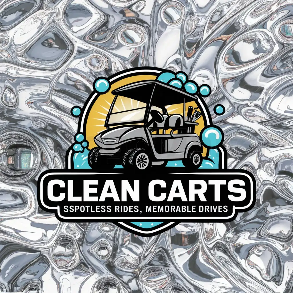 a logo design,with the text "Clean CartsnSpotless Rides, Memorable Drives", main symbol:Golf Cart shining in the sun with bubbles and soap,complex,clear background