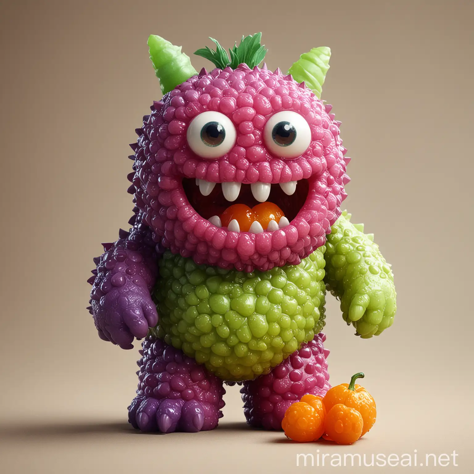 Colorful Friendly Monster Sculpture Made of Gummy Textured Fruits