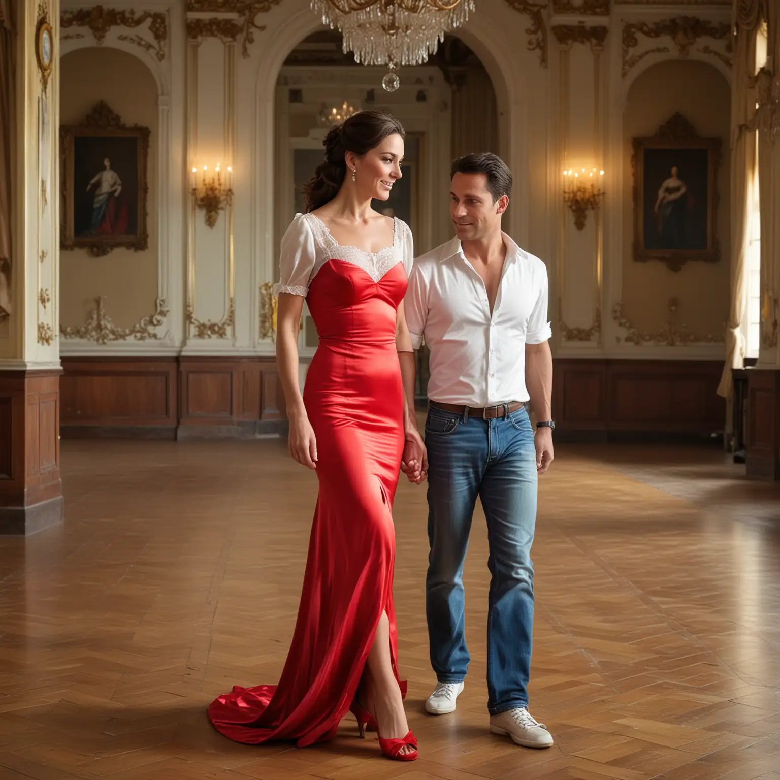Elegant Waltz Kate Middleton and Andean Partner in Red Evening Wear