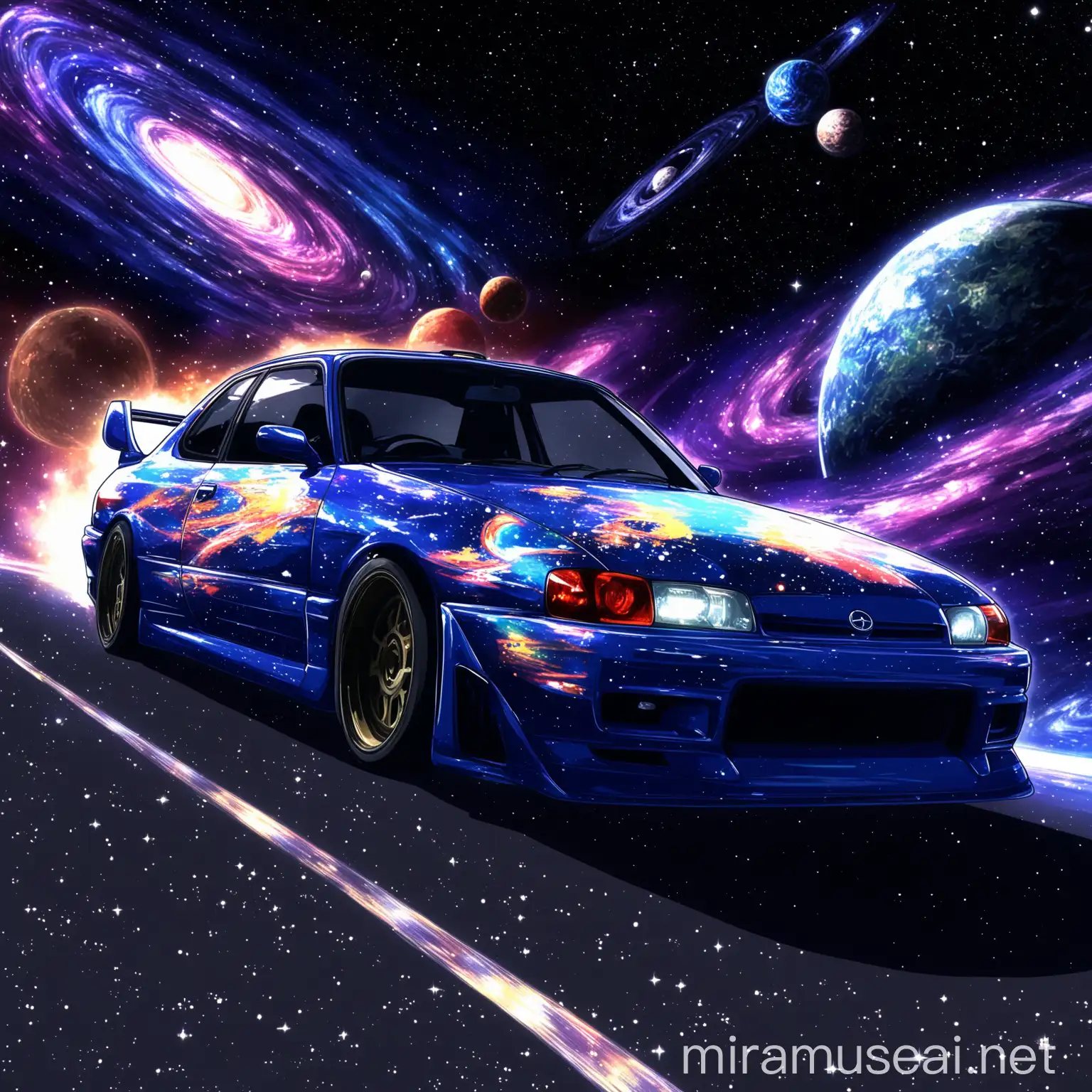 an anime man drives with an jdm car through the galaxy. 