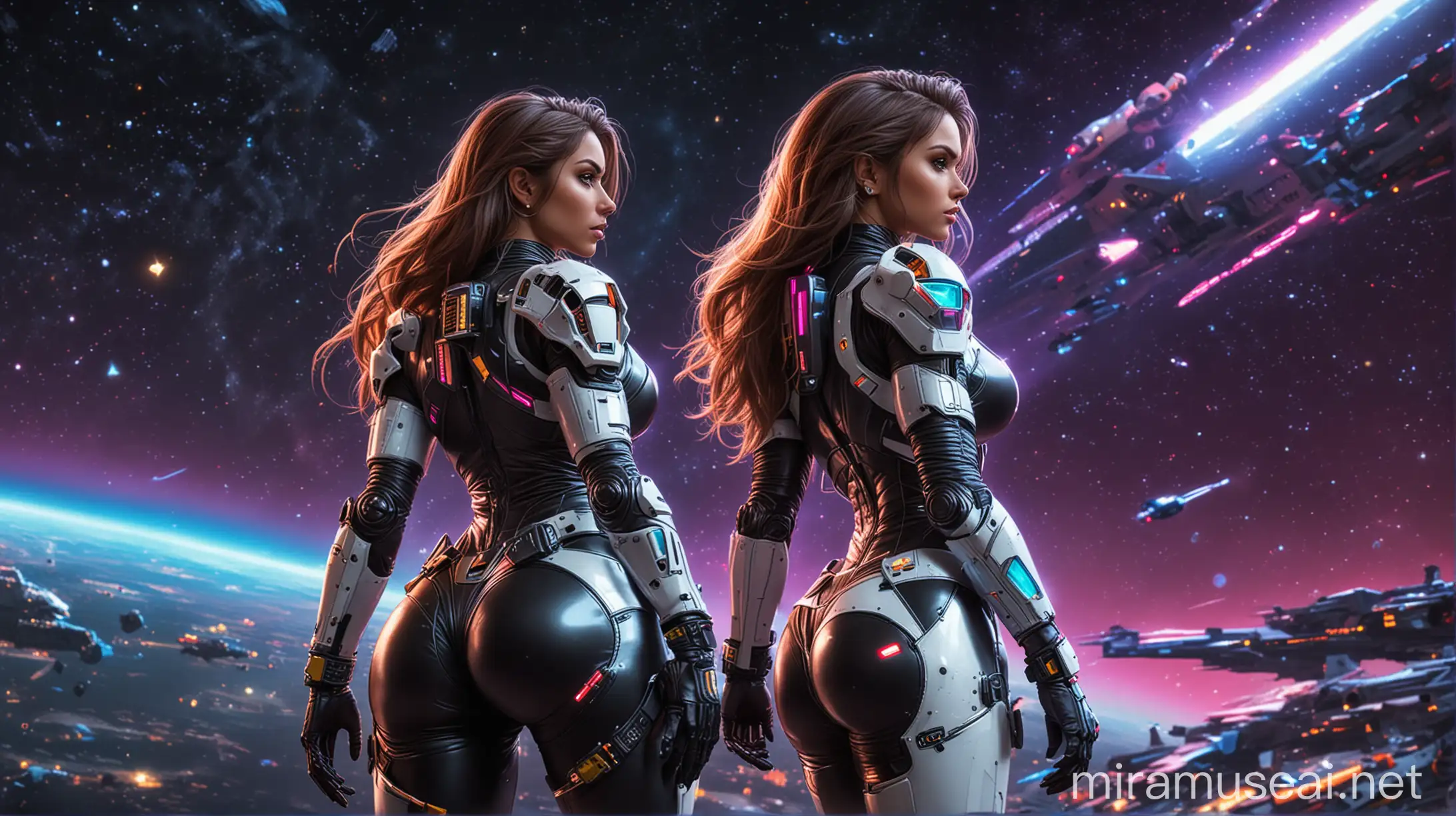 cartoon style, spanish slim finess model girl, huge massive boobs, heroic pose from behind, wild long modern hair style, tight heavily armored spacesuit, black and white spacesuit, colorful neon glowing spacesuit, belt with pouches, colorful night sky, giant sci-fi spaceship battlecruiser
