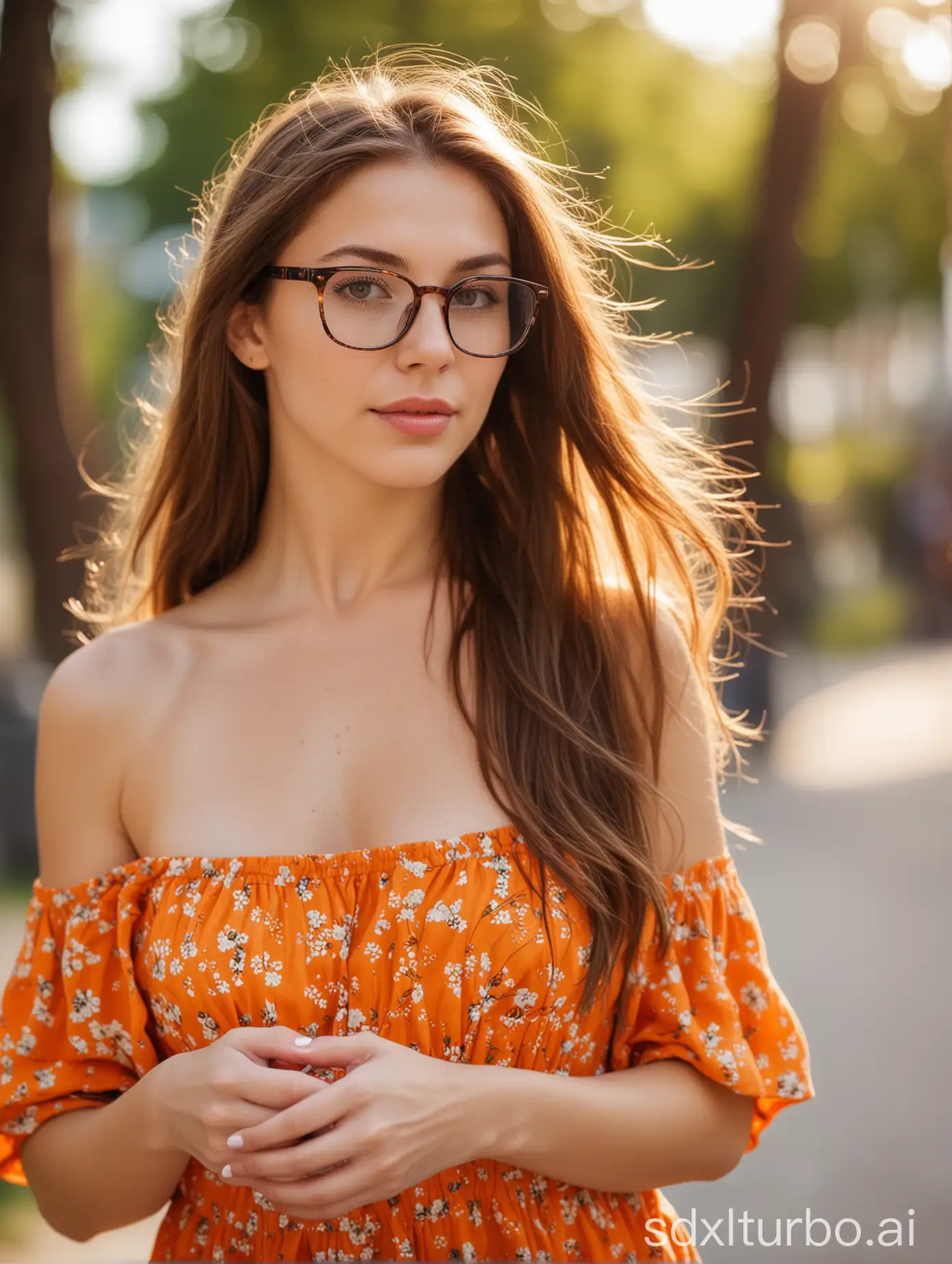 young Caucasian woman, long brown hair, slim body, small breasts, wearing orange sundress and white sneakers, wearing reading glasses, bokeh, close up