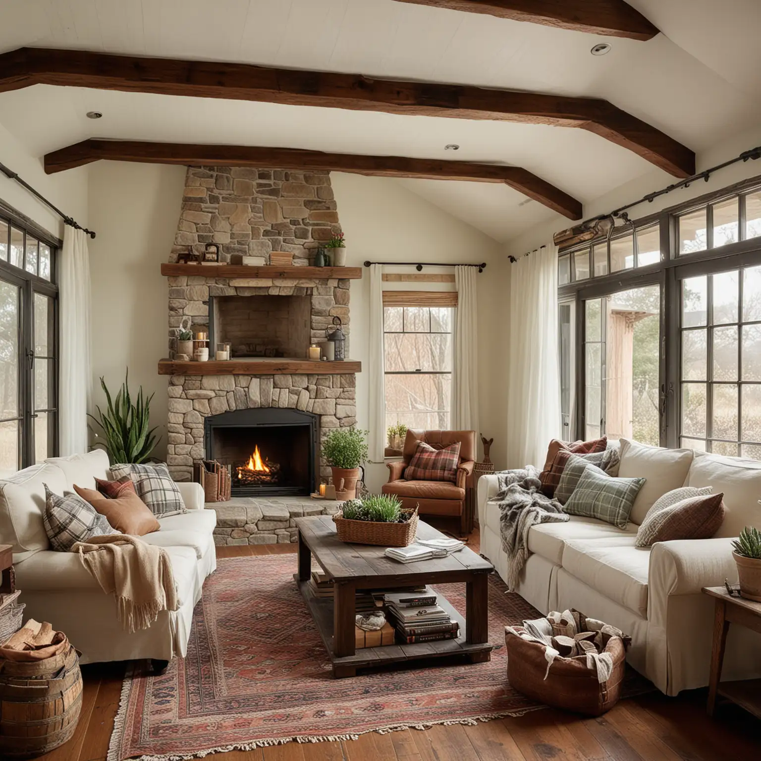 A spacious farmhouse living room with exposed wooden beams on the ceiling, wide plank wooden floors, and a large stone fireplace. The room features a mix of vintage furniture, including a distressed leather sofa with plaid throw pillows and a wooden coffee table decorated with a vintage lantern and a stack of old books. Tall windows with white linen curtains let in natural light, and a sliding barn door adds to the rustic charm. Wicker baskets filled with knitted blankets sit beside the fireplace, and potted succulents and greenery add a fresh touch.