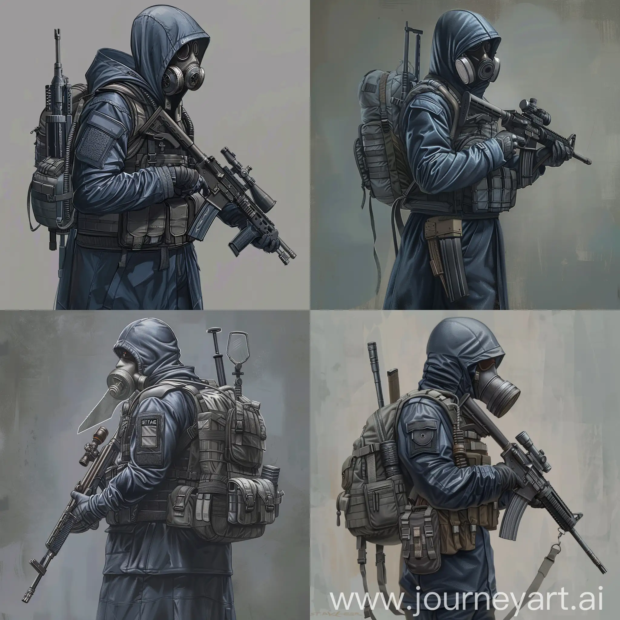 Digital concept art of a mercenary from the universe of S.T.A.L.K.E.R., dressed in a dark blue military raincoat, gray military armor on his body, a gasmask on his face, a military backpack on the back, a rifle in the hands of a mercenary.
