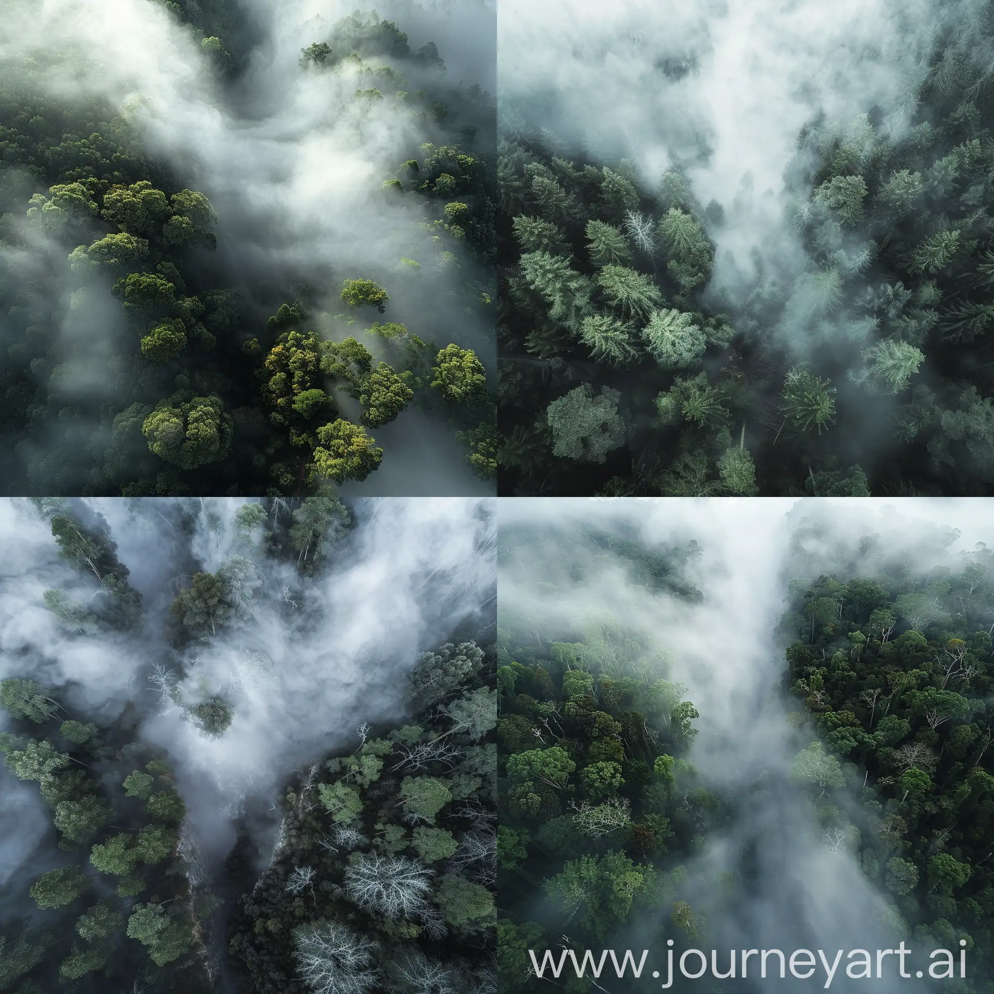 the fog engulfs the forest, trees are visible on the left and right, the ground is visible below, the fog completely covers the forest from above and to the middle, view from above, gloomy atmosphere