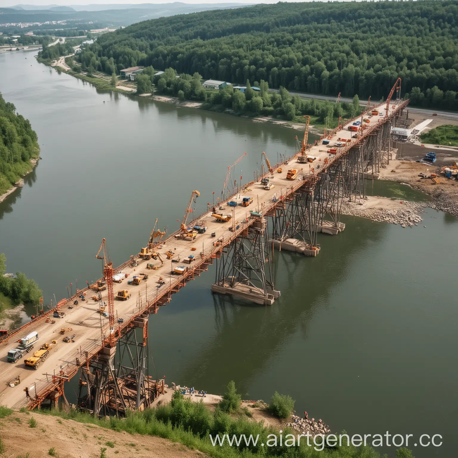 River-Bridge-Construction-Workers-Building-Bridge-Over-Waterway