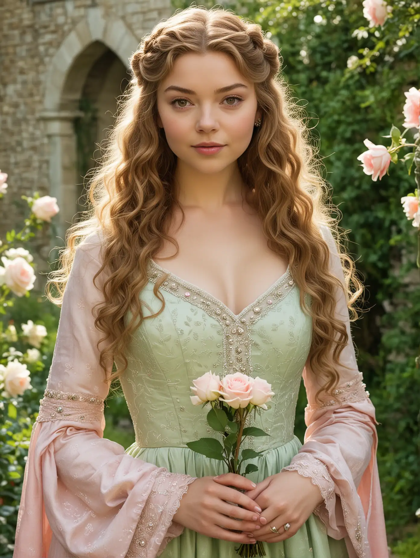 Margaery Tyrell, young teenage girl, with thick light brown curls, pale white skin, big brown eyes and small plump lips, wearing a light green and pink gown, holding gentle sprig roses, in a green garden background, medieval setting