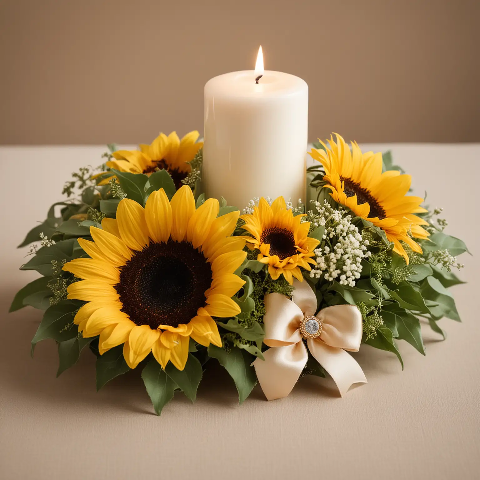 Elegant-Sunflower-Wedding-Centerpiece-with-Pillar-Candle-and-Ring-of-Sunflowers