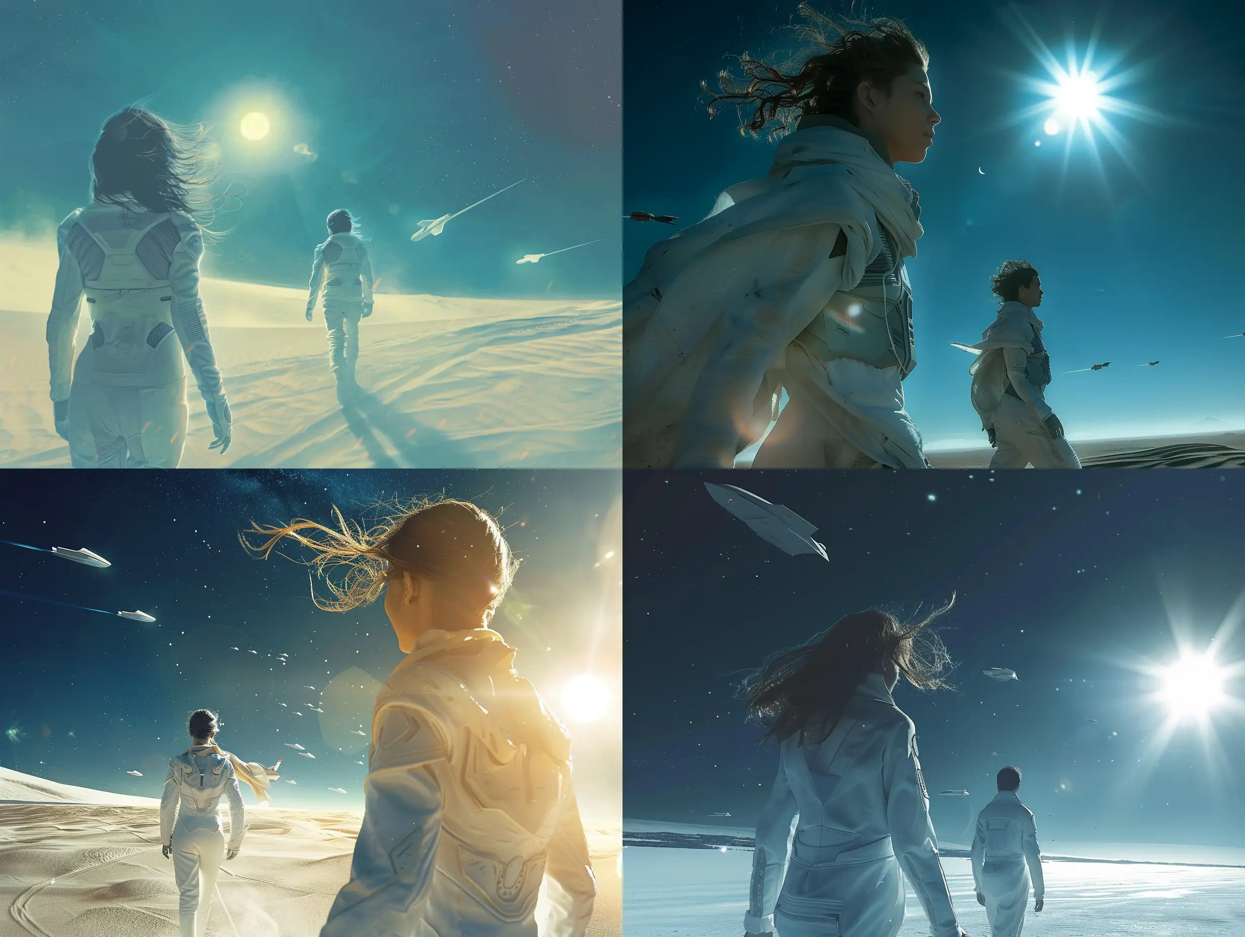 Фантастическая планета в стилистике фильма Дюна, девушка и мужчина  идут к горизонту  на встречу солнцу,  они в белых космических костюмах, ветер развевает волосы девушки, на темно-синем небе проплывают космические корабли, 8k, дымка, ультодетализация, плёночная фотография, рассеяние света,  резкий фокус, высокая детализация  
