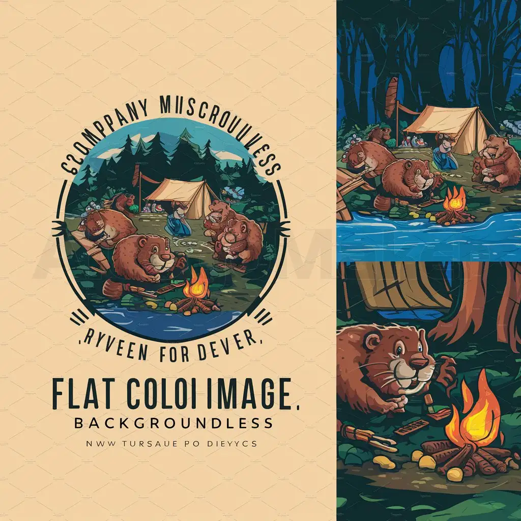 a logo design,with the text "flat color image, backgroundless, company of evil beavers, in the forest by the river, at a tourist tent, around a campfire, messing around", main symbol:beavers,complex,be used in Travel industry,clear background
