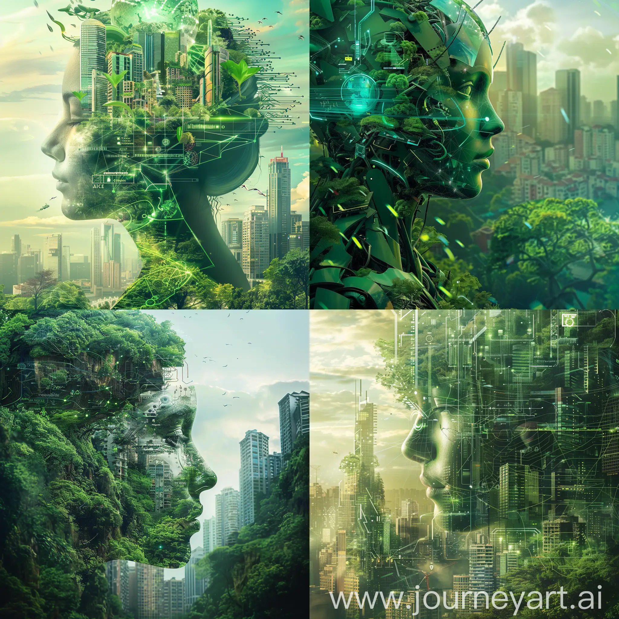 Please think of an image that can effectively communicate the message of green technology and the importance of artificial intelligence in protecting the environment. The image should be visually appealing and have a modern aesthetic style. Keep in mind that the image with dimensions of 1 meter by 8 meters, so the design should not lose its perfection when it is placed either vertically or horizontally. Please prioritize the use of green technology and a simple yet aesthetically pleasing design that can convey the beauty of the future and the power of AI to protect the environment.