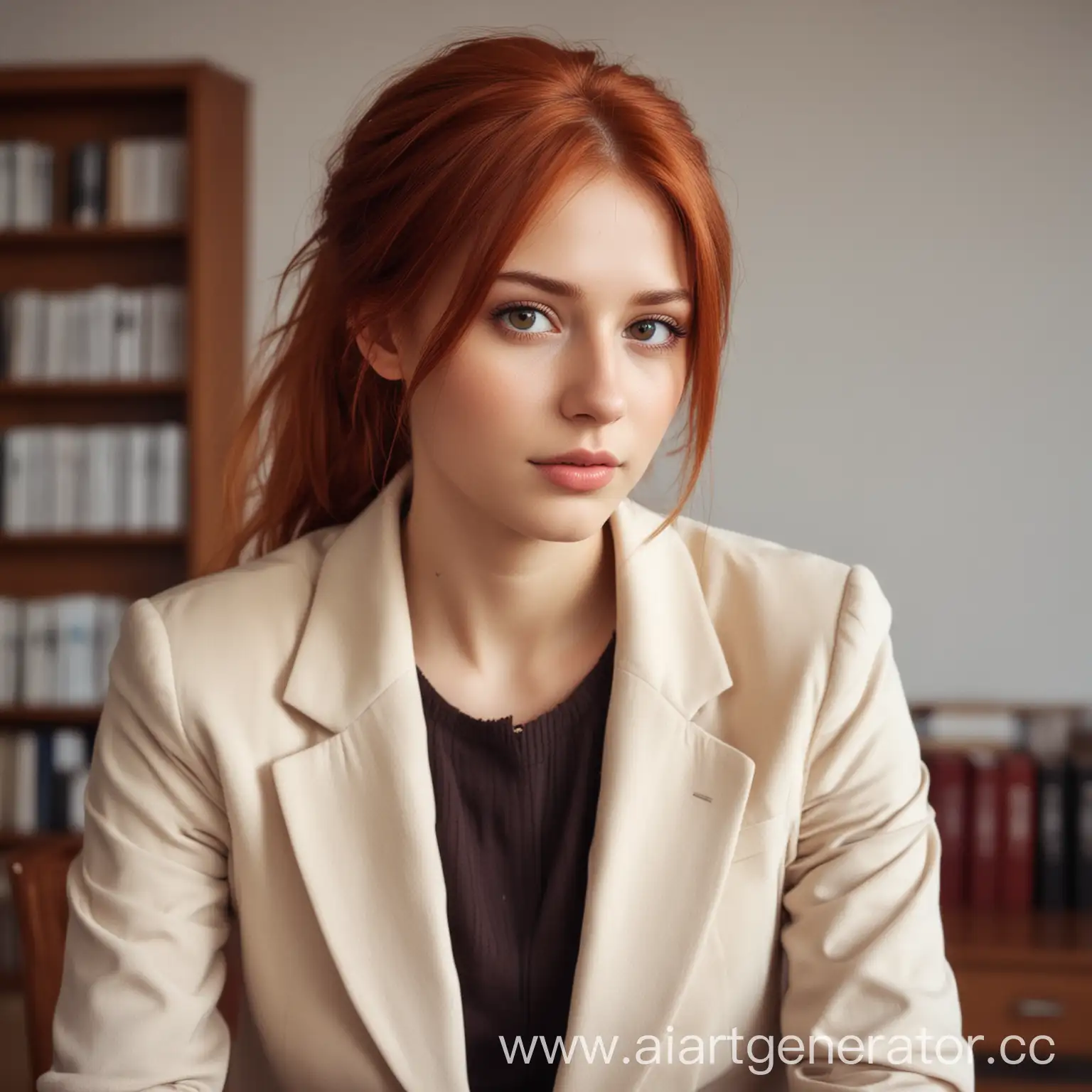 создай девушку славянской внешности по загруженному фото, с карими глазами, светло-рыжими волосами, длиной чуть ниже груди, в классическом пиджаке, молочного цвета, на фоне уютного офиса. 