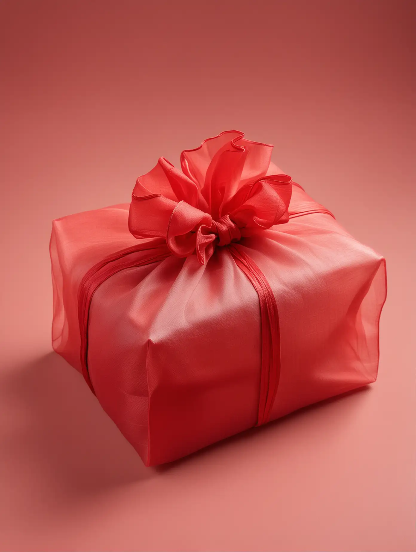 Elegant Red Organza Furoshiki Wrap Encasing a Vibrant Red Box