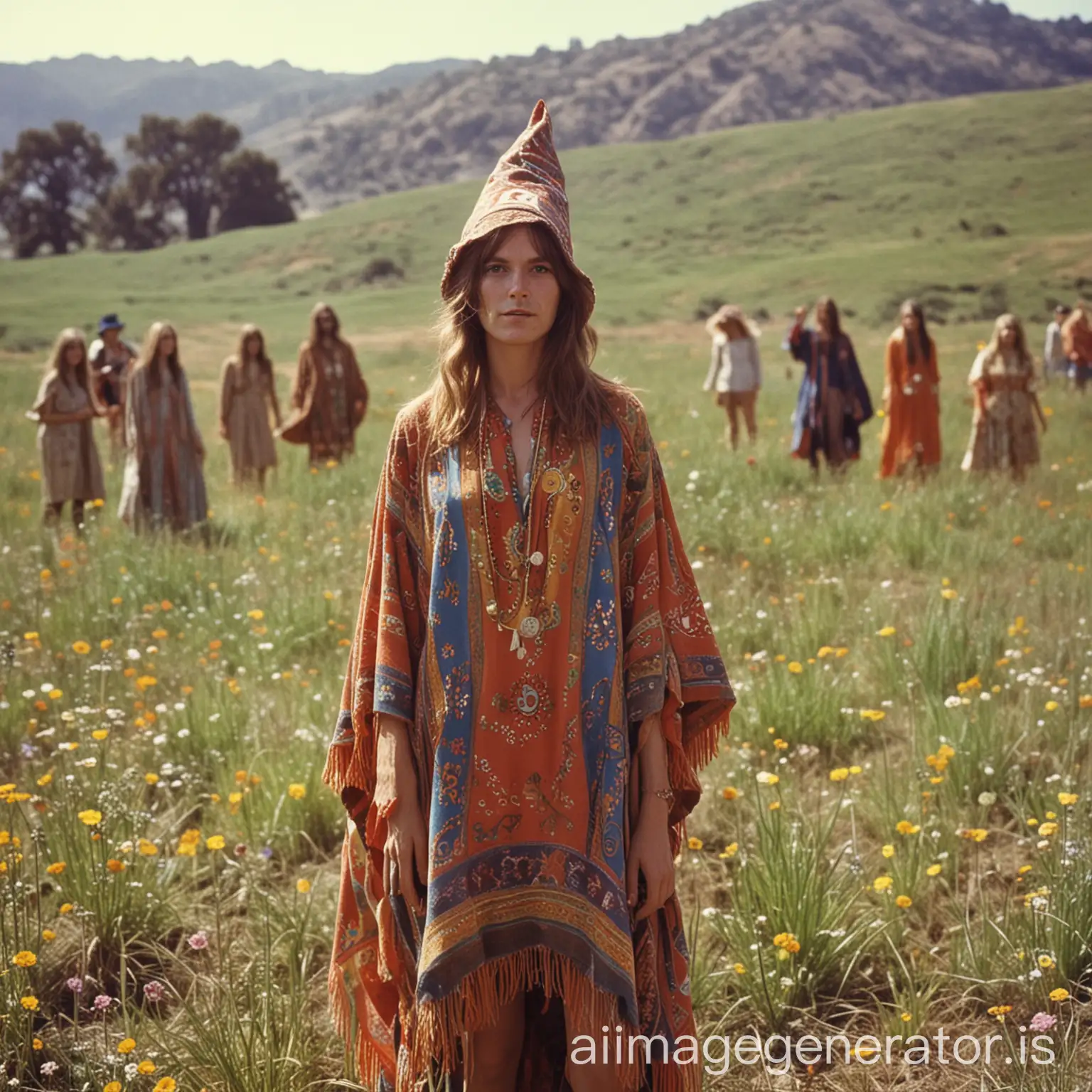 a 1960s hippie psychedelic rock singer in a field in california, wearing a poncho and a wizard's hat, with hippie women in ponchos in the background 