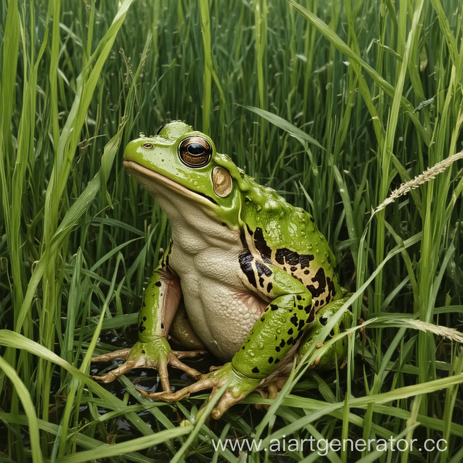 Нарисуй лягушку, которая сидит в густой траве. Лягушка должна быть хорошо замаскирована, чтобы ее было трудно заметить. Трава должна быть пышной и зеленой, а лягушка должна сливаться с окружающей средой, используя свои природные цвета и узоры.
