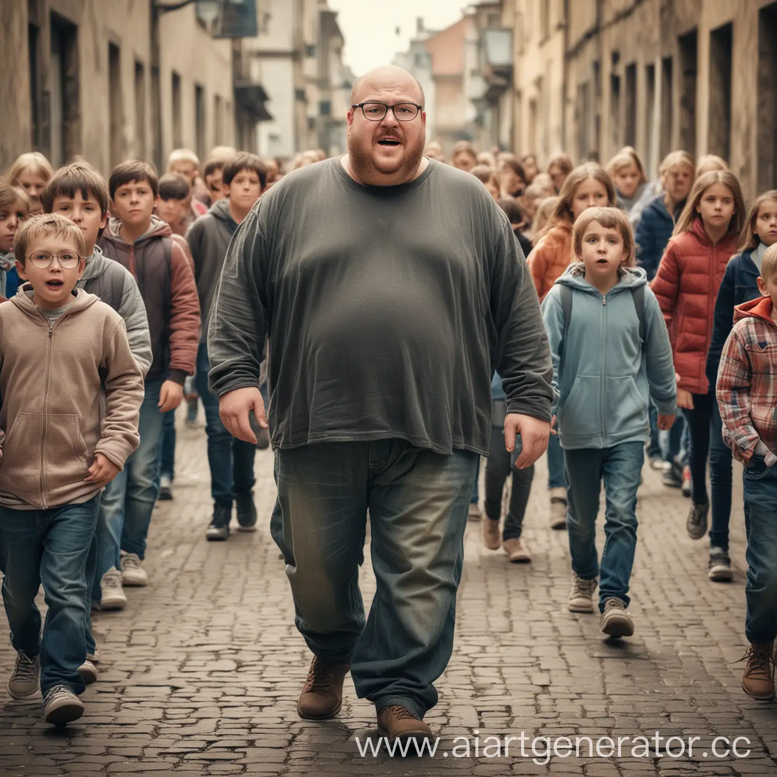Cheerful-Bald-Man-Leads-Hungry-Children-on-a-Joyful-Walk