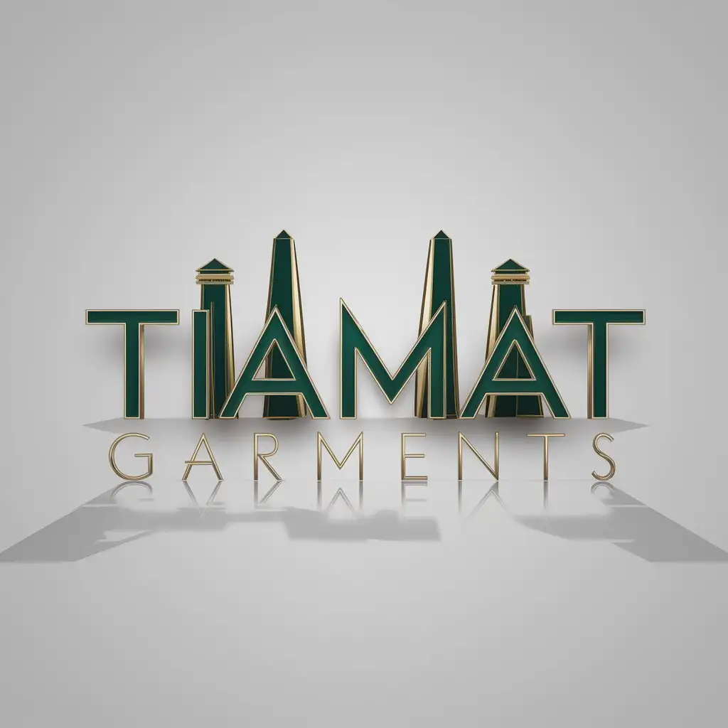 a logo design,with the text "Tiamat Garments", main symbol:a logo design,with the text 'Tiamat Garments', main symbol:Choose a sleek, modern sans-serif font for the main text, combining elegance with a hint of futuristic style. For the text, use the phrase 'Tiamat Garments', obelisk and pillars behind the T's of 'Tiamat Garments'. Use emerald green for the text with gold outlines or drop shadows to make it pop. Transparent background.,Minimalistic,clear background
