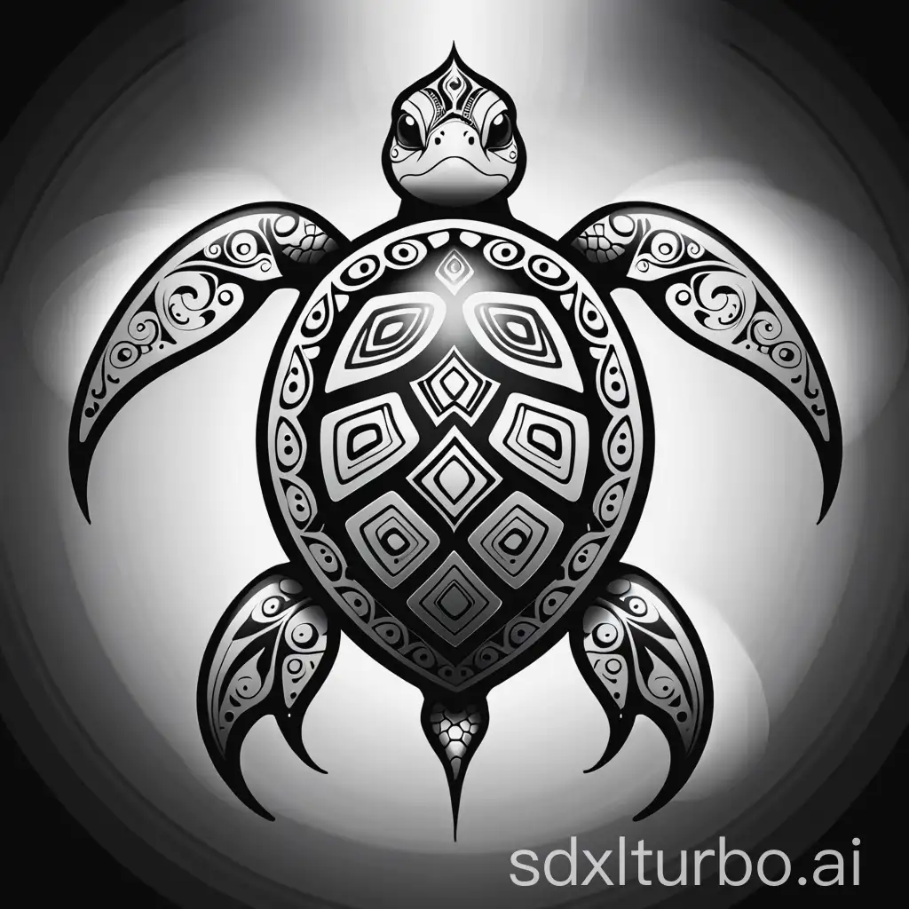 Create a 3d company logo of a turtle in Maori tattoo style. Choose white black as colour scheme. Show the turtle from the top. Give her naughty shiny eyes. Integrate a white glowing effect.