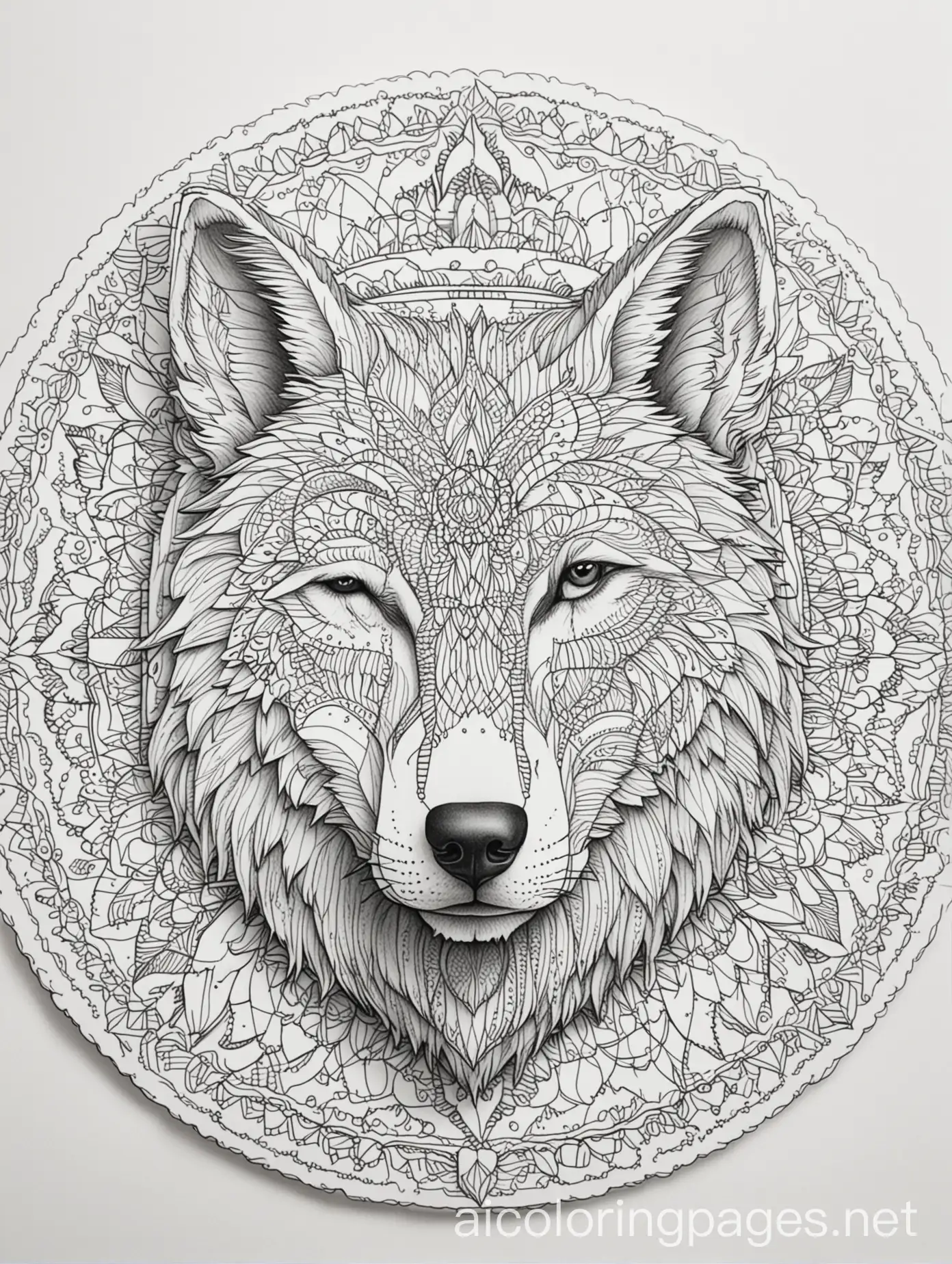 A Wolf mandala, Coloring Page, black and white, line art, white background, Simplicity, Ample White Space. The background of the coloring page is plain white to make it easy for young children to color within the lines. The outlines of all the subjects are easy to distinguish, making it simple for kids to color without too much difficulty