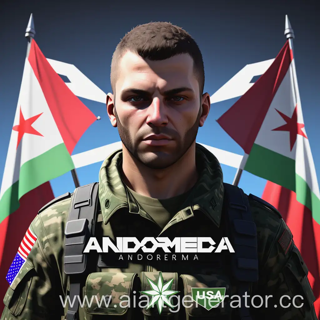 Логотип для сервера в Arma 3, военный сзади флаги Беларуси и США, Название проекта - ANDROMEDA PROJECT.