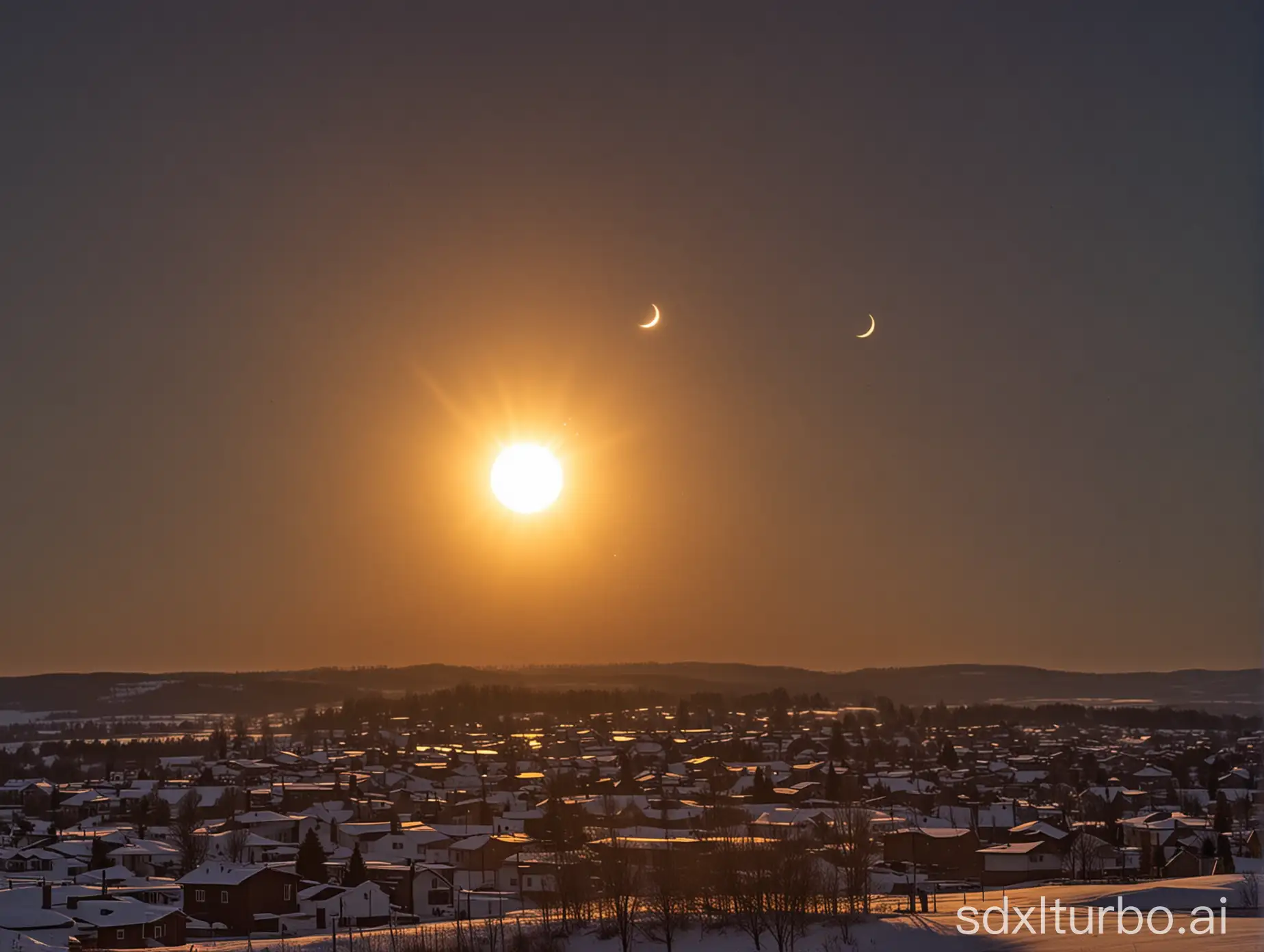 A solar eclipse within a small town showing the eclipsed sun.