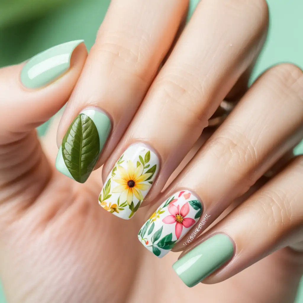Easy Summer Nails with Floral and Leaf Designs