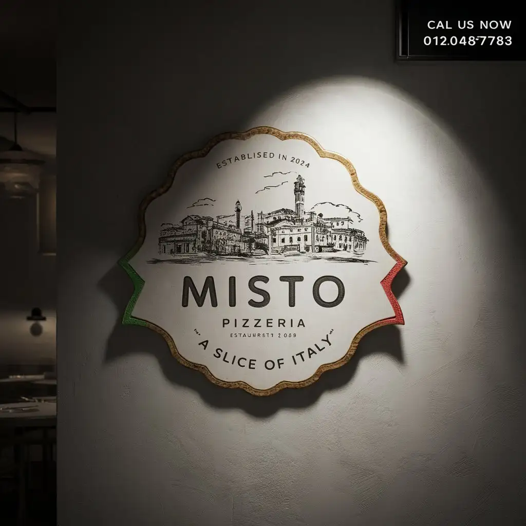 Minimalist Misto Pizzeria Emblem with Italian Colors on White Background