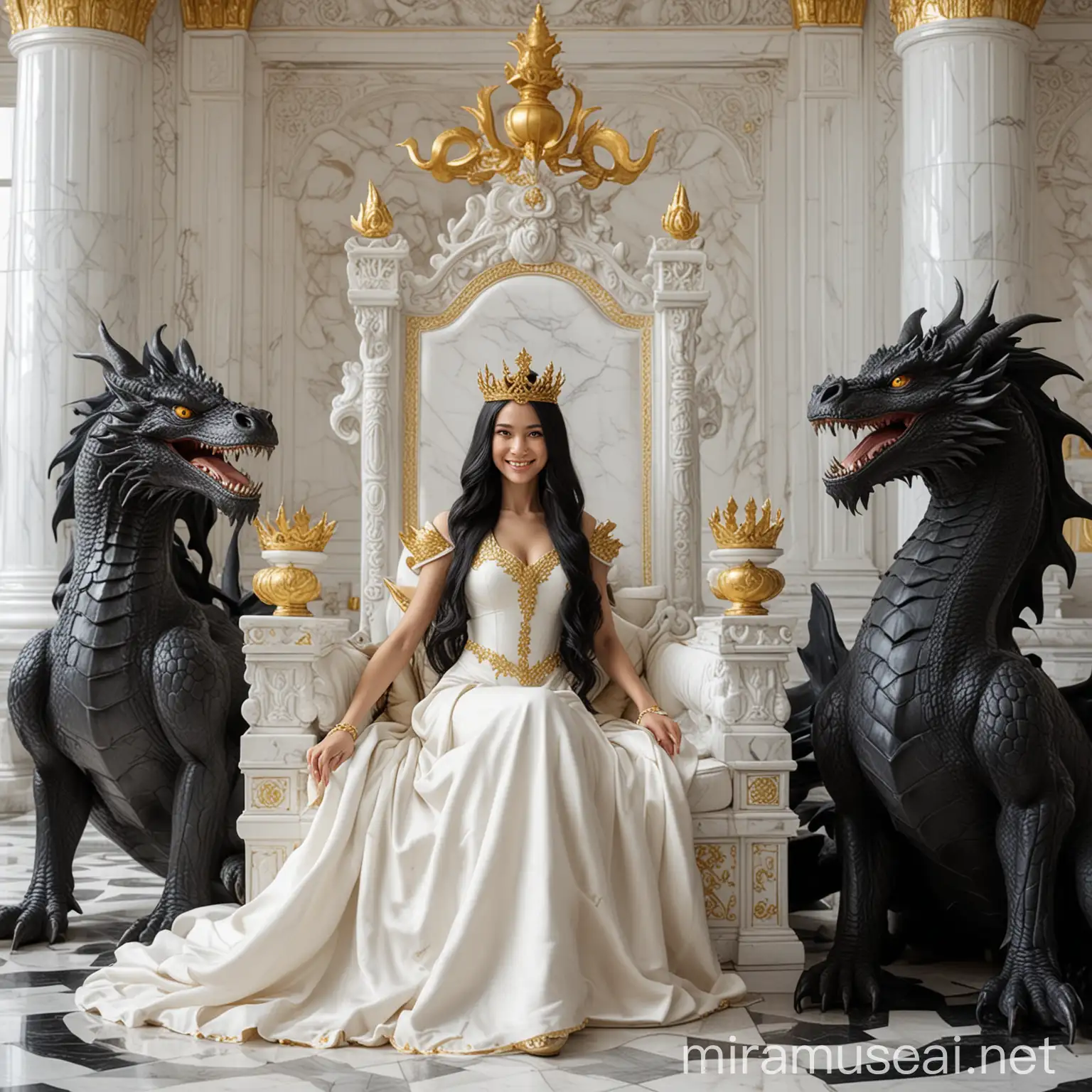 one  smiley queen with a golden dress and a white crown on her head,black long hair, sitting on her throne and guarded by two large black real dragons, located in an all-white palace made of marble.