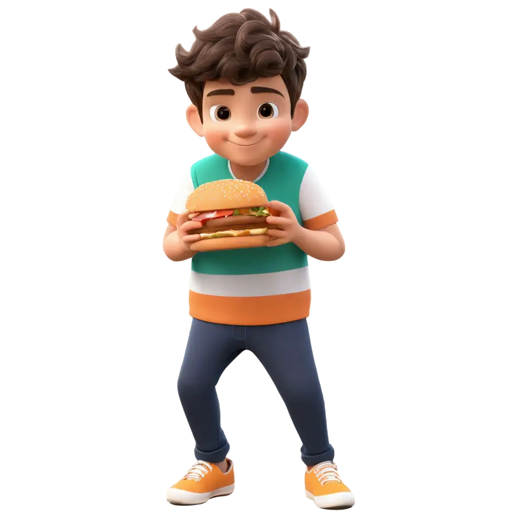 симпатичний хлопчик їсть соковитий бургер, мультяшне портретне зображення