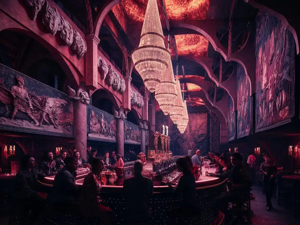 An image of a high class tavern in a medieval fantasy setting, The building itself is an architectural masterpiece, adorned with intricate carvings, rich tapestries, and glittering chandeliers that cast an ethereal glow throughout the space. Red atmosphere, In a detailed fantasy style 