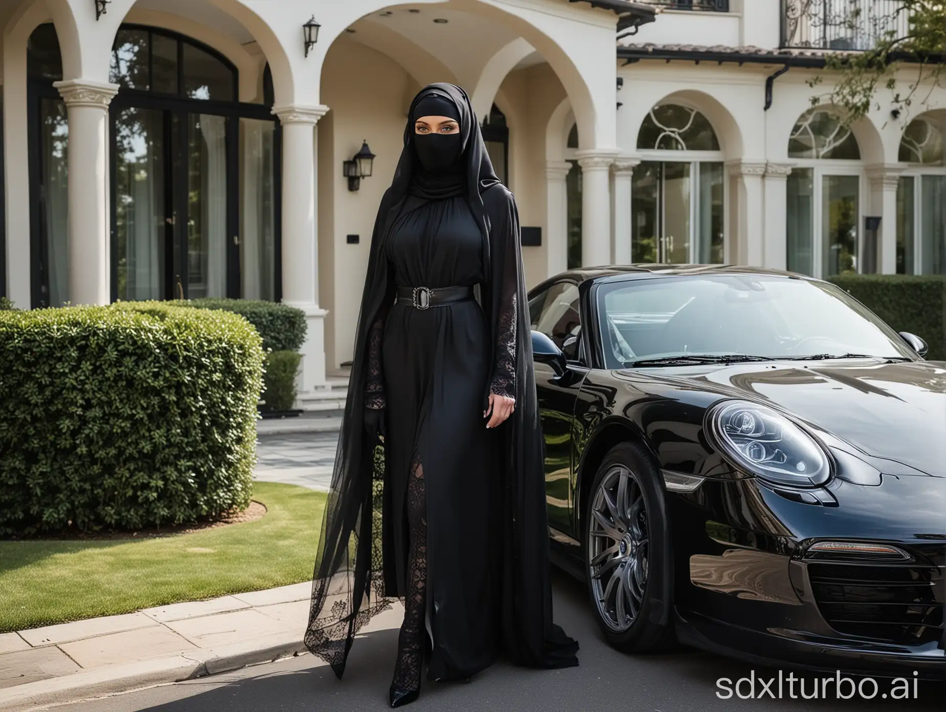 Transgender man BCBG, blue eyes, standing, fully black abaya, fully black niqab on head, transparent lace veil on head, mask on mouth, black stockings, long black skirt, high-heeled Mary Jane shoes.
Transparent black gloves.
In front of luxury house, next to black Porsche 911.