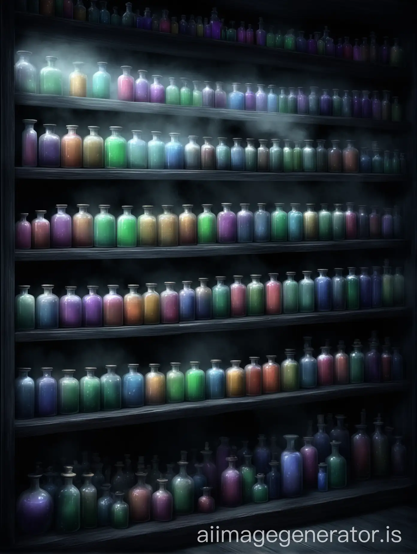 étagère de potions de plusieurs couleurs, vue de biais, légère brume, magasin sombre