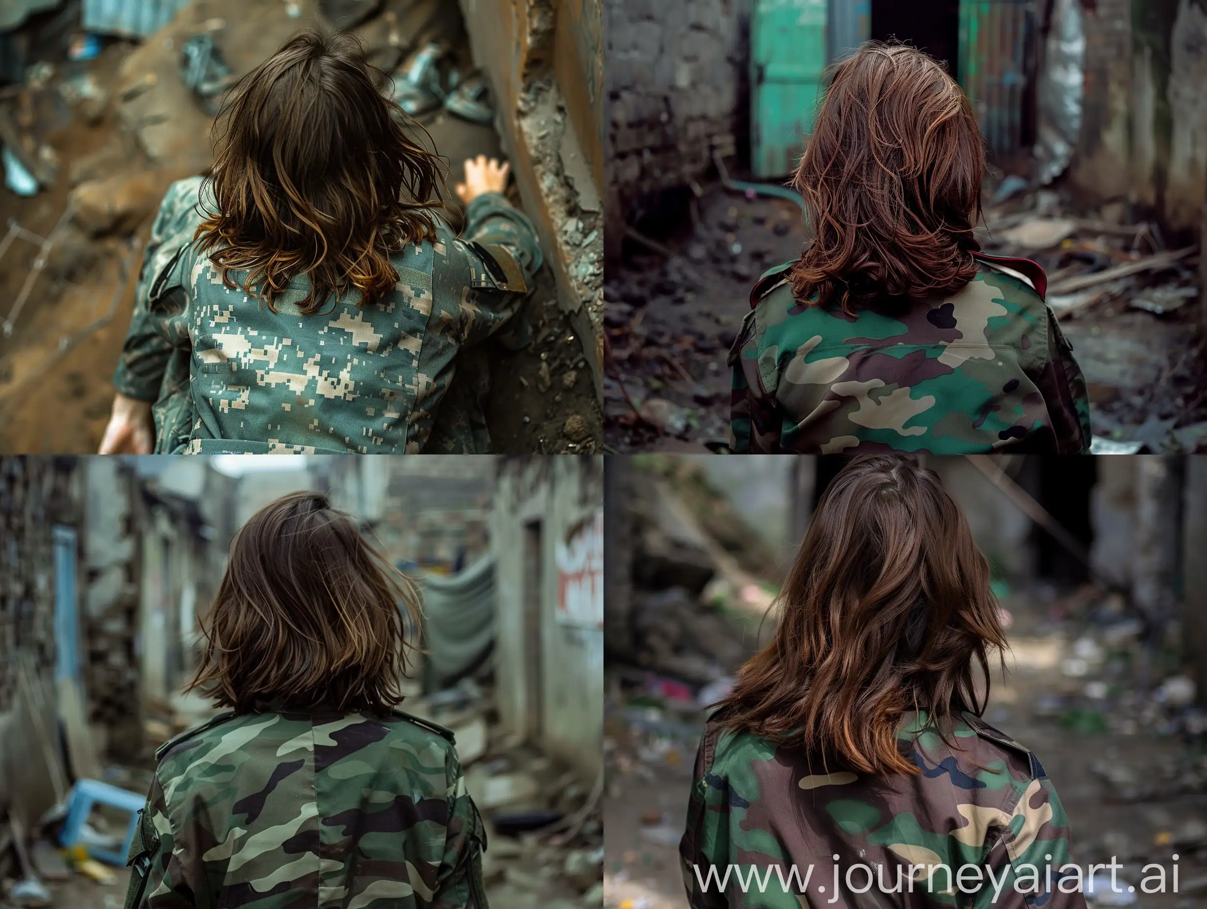 Female-Soldier-Crawling-in-Slum-Military-Uniform-Shoulderlength-Brown-Hair-Back-View