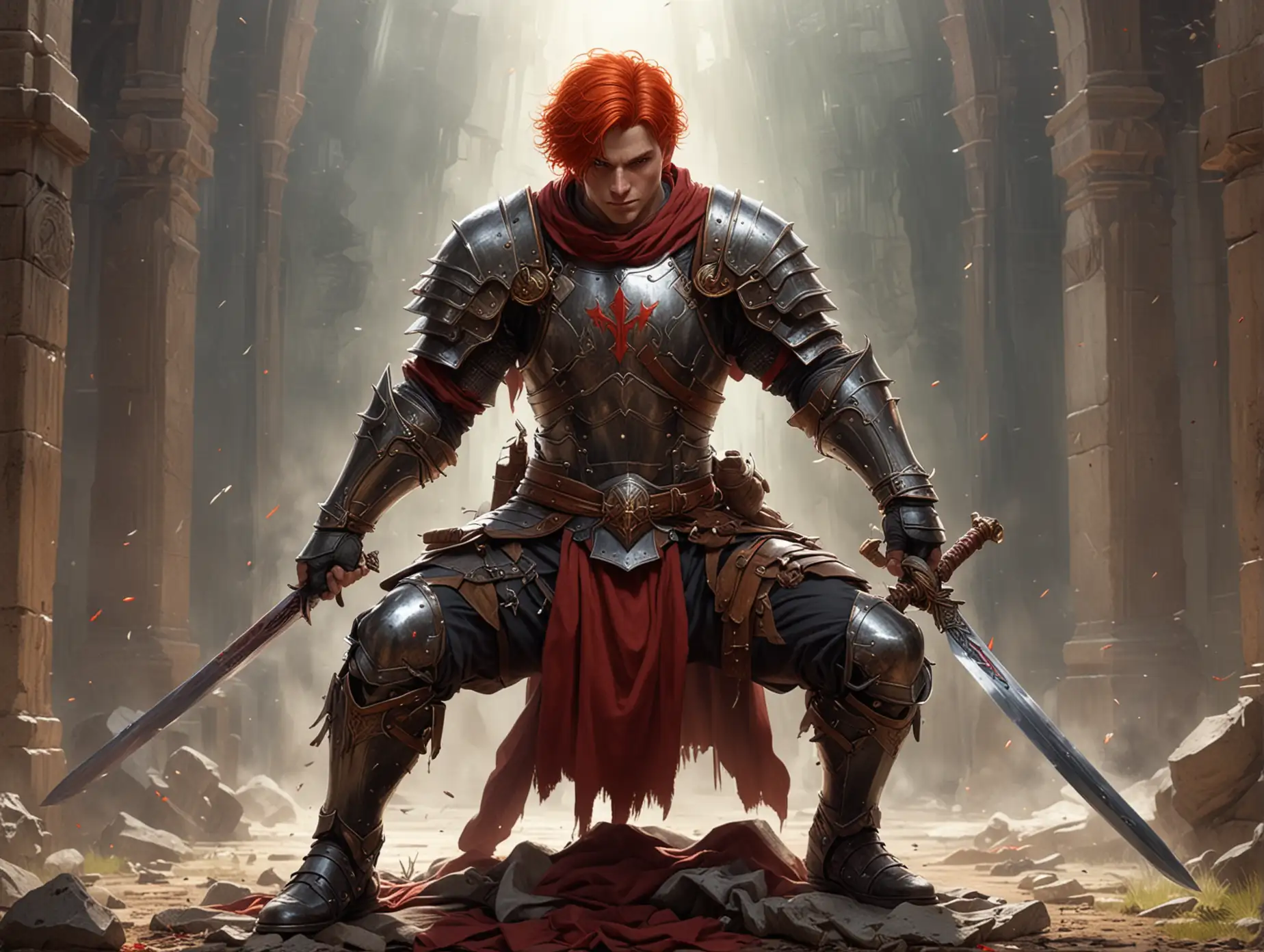 паладин мужчина с короткими рыжими волосами стоит на одном колене с мечом