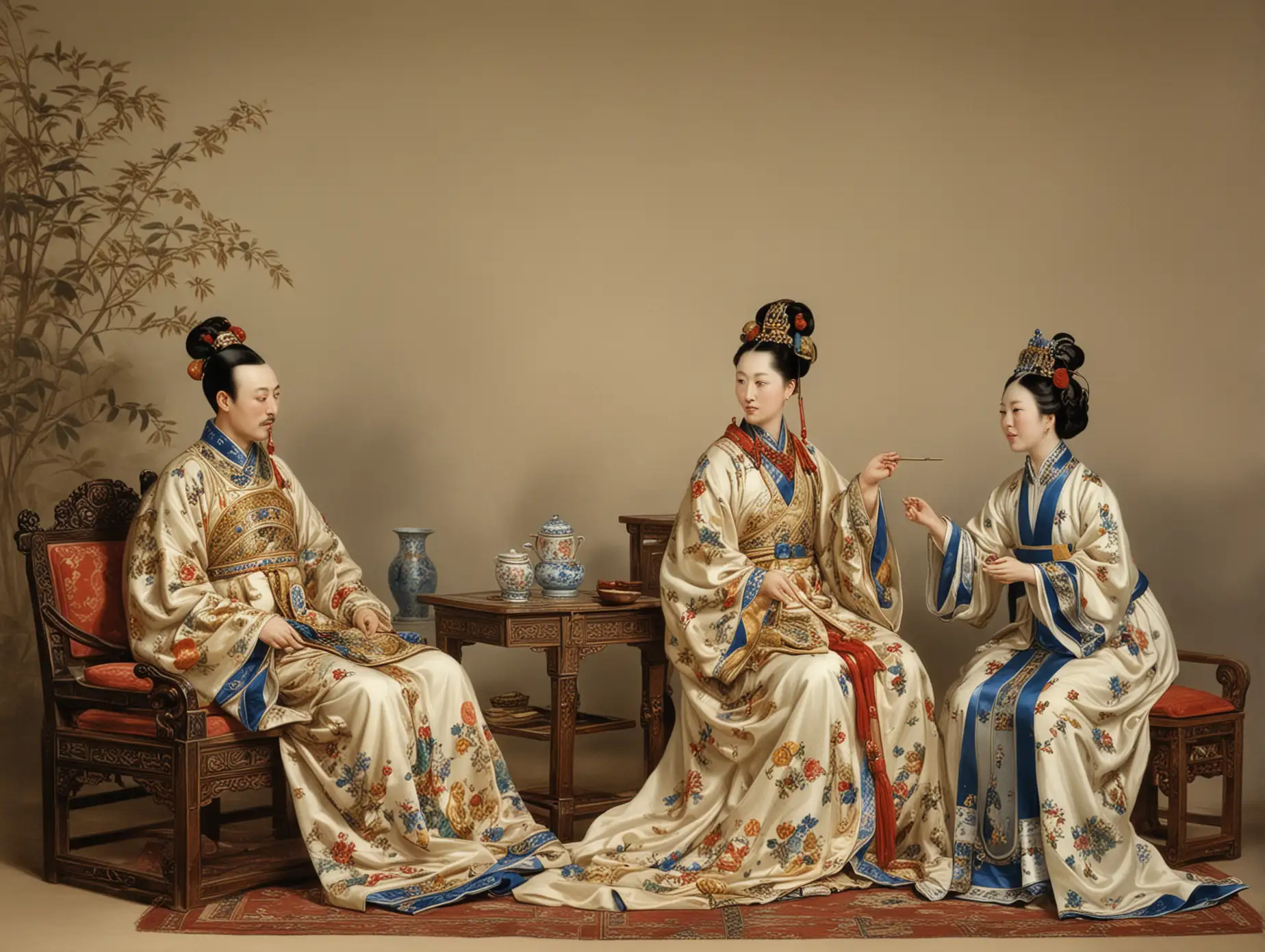 咸丰皇 emperor plays porcelain, empress, palace maid, eunuch. 1857. China.