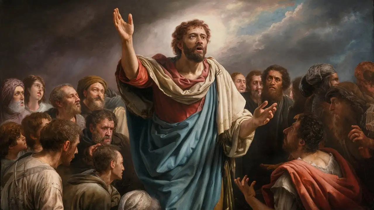 An artist's depiction of Jeremiah delivering a prophetic message to a crowd of people, his hand raised in solemn proclamation as listeners react with various expressions of concern and disbelief.