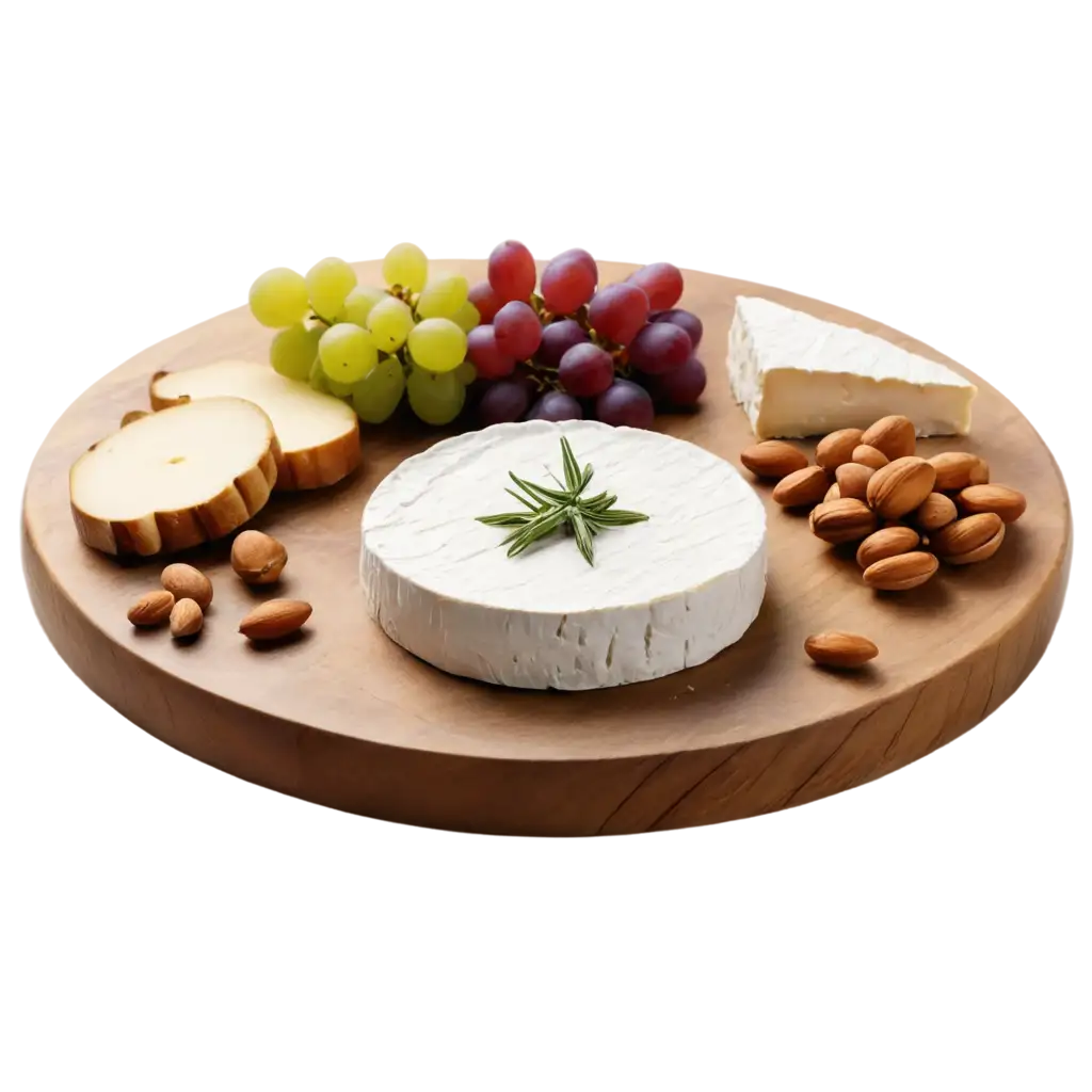 On a round table crafted from light, weathered wood, a creamy camembert is artfully placed at the center of the scene. Surrounding the cheese, clusters of grapes, nuts, apple slices, and sprigs of rosemary are carefully arranged to create a rustic and authentic composition. The scene exudes a warm and inviting ambiance, inviting one to indulge in a delightful cheese platter.