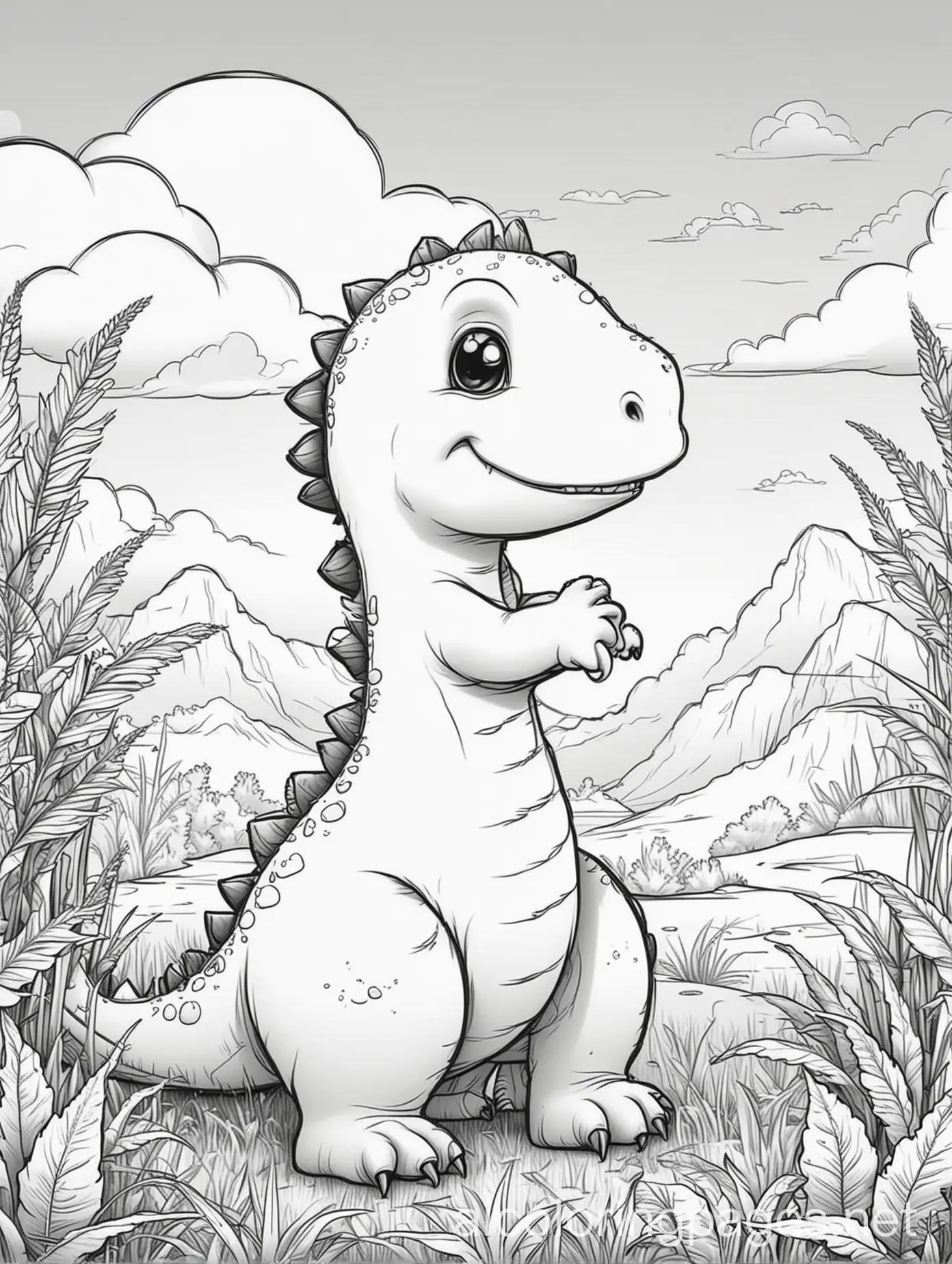 a cute dinosaur around grass, clouds, tree, black and white outlined vector no text, no shadow, no any color , Coloring Page, black and white, line art, white background, Simplicity, Ample White Space