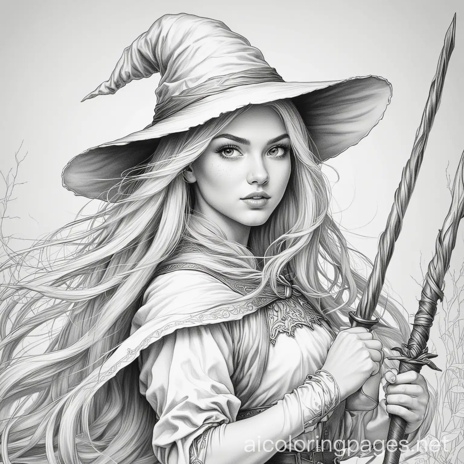 pretty long blonde haired young woman with brown eyes fighting witches, Coloring Page, black and white, line art, white background, Simplicity, Ample White Space