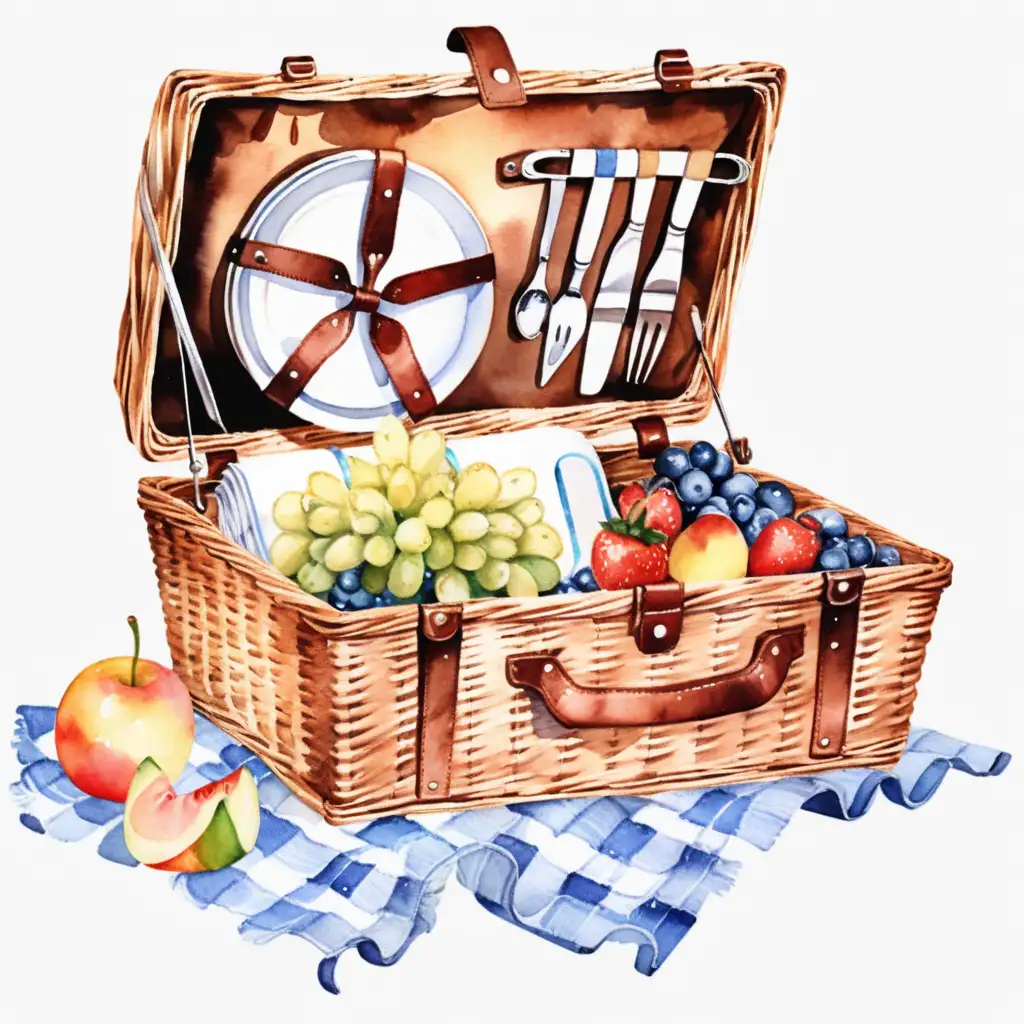Solo Summer Picnic Basket Vector Watercolor Illustration