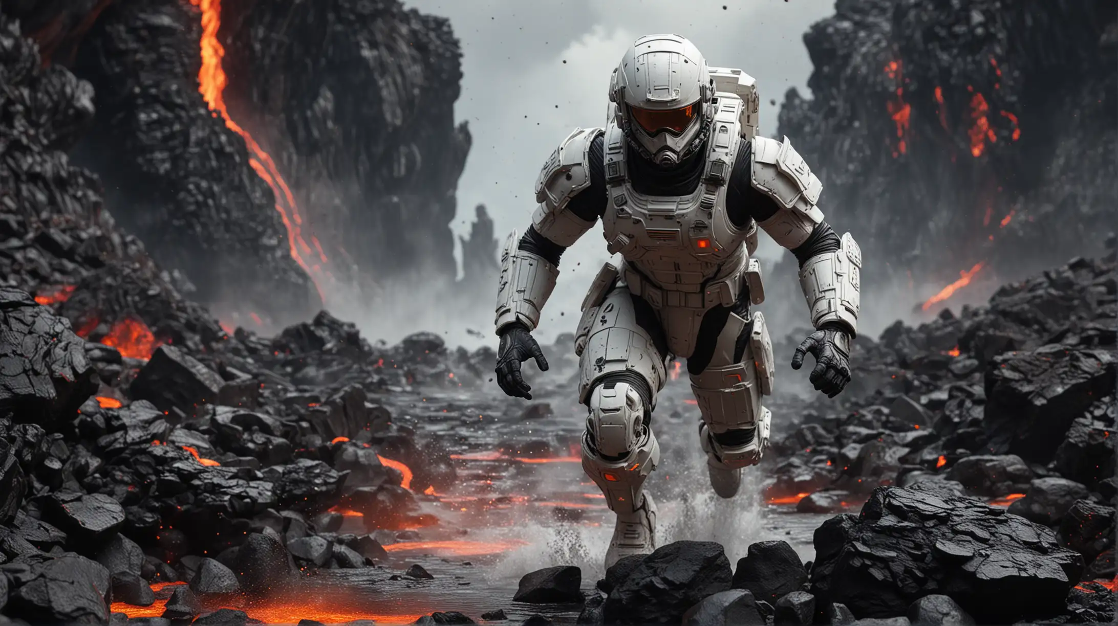 HyperRealistic Space Soldier Running Over Lava