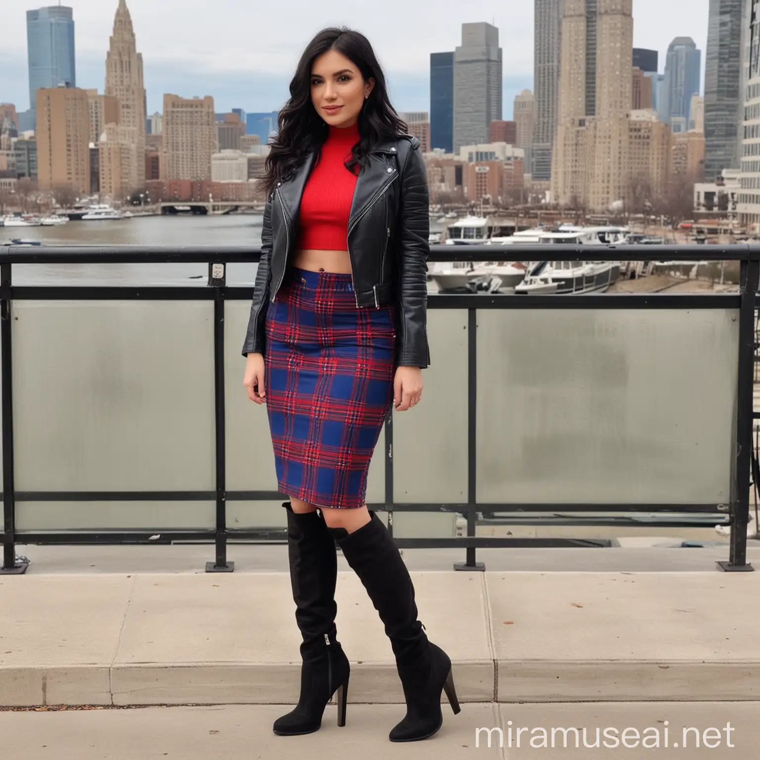 Fashionable Woman in Buffalo Check Skirt and Royal Blue Moto Jacket with City Backdrop
