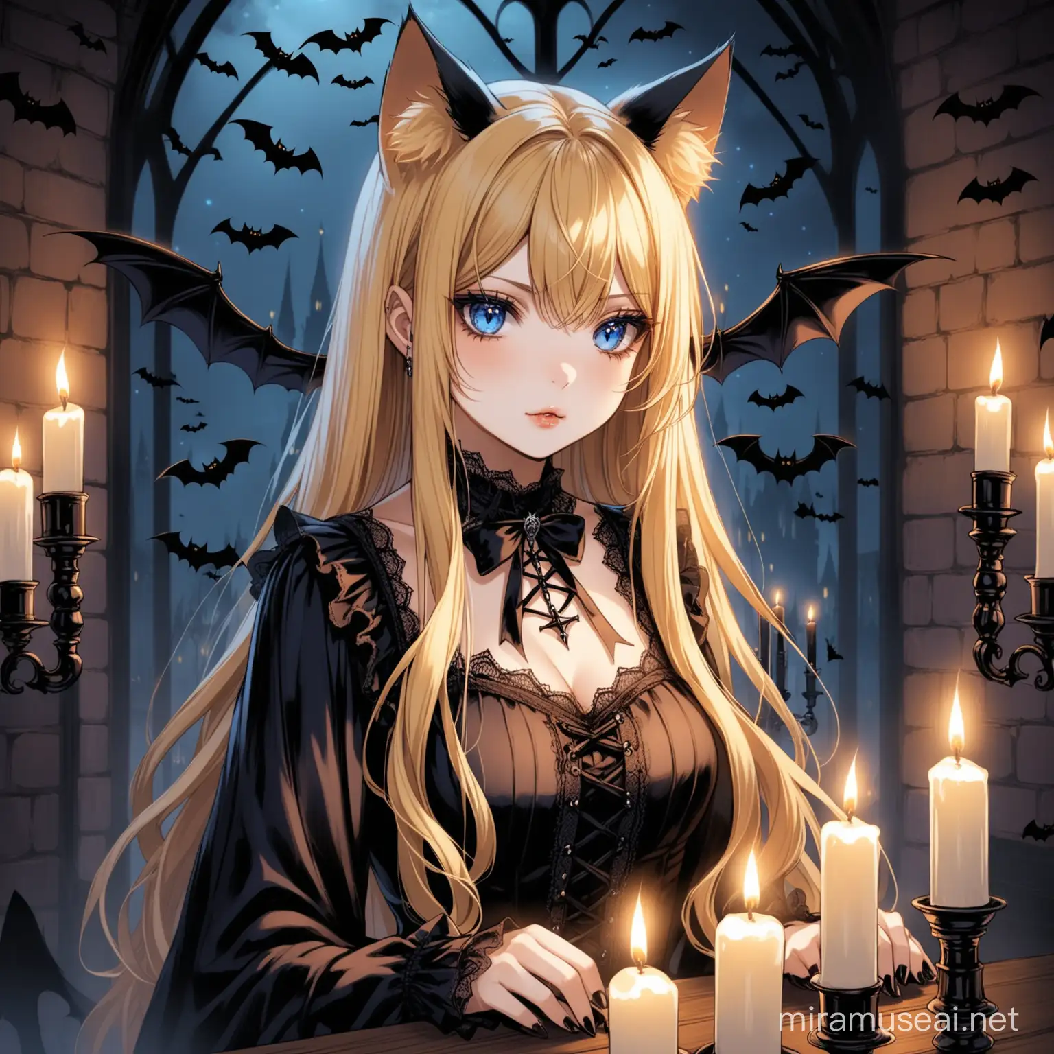 Gothic, long blonde hair, dark blue eyes, cat ears, candles, bats