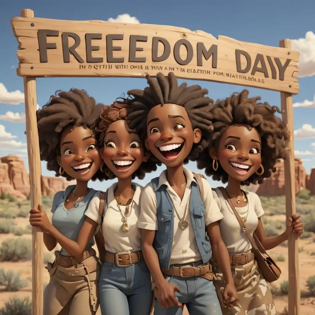 detailed 3D cartoon-style freedom day sign african americans smiling in new mexico 