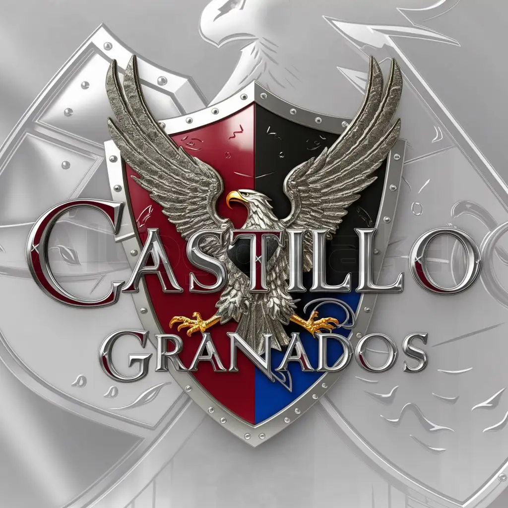 a logo design,with the text "Castillo Granados ", main symbol:A shield of the medieval era that resembles those of powerful families with a principal eagle, which does not carry text other than the name of the logo, which is in metallic colors red, black, blue, and golden and silver edges ,complex,clear background