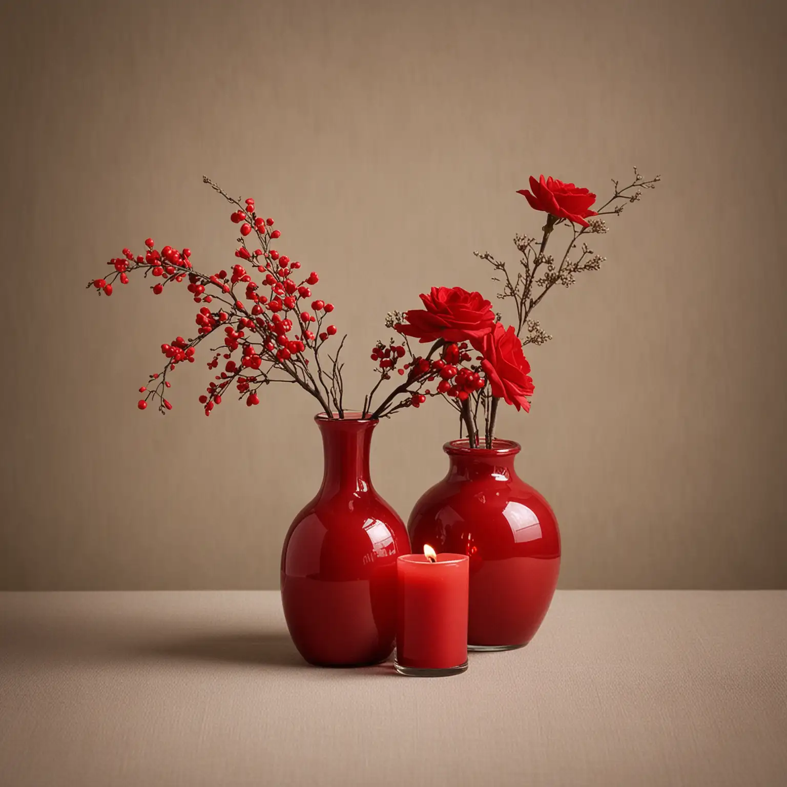 simple red wedding centerpiece with red vase and red candle; keep background neutral